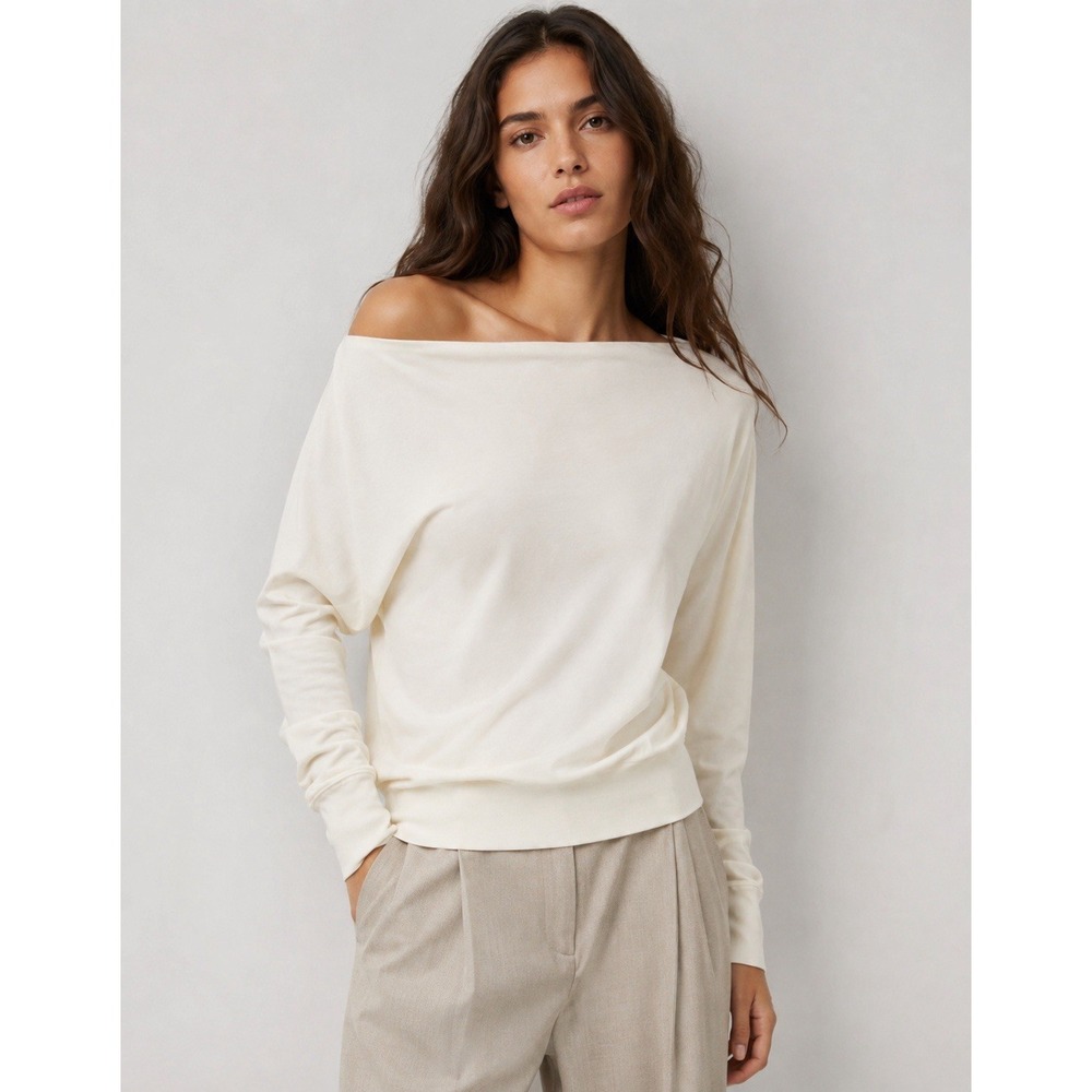 Babaton Aritzia L Ivory Off Shoulder Boat Neck Long Sleeve Top Draped